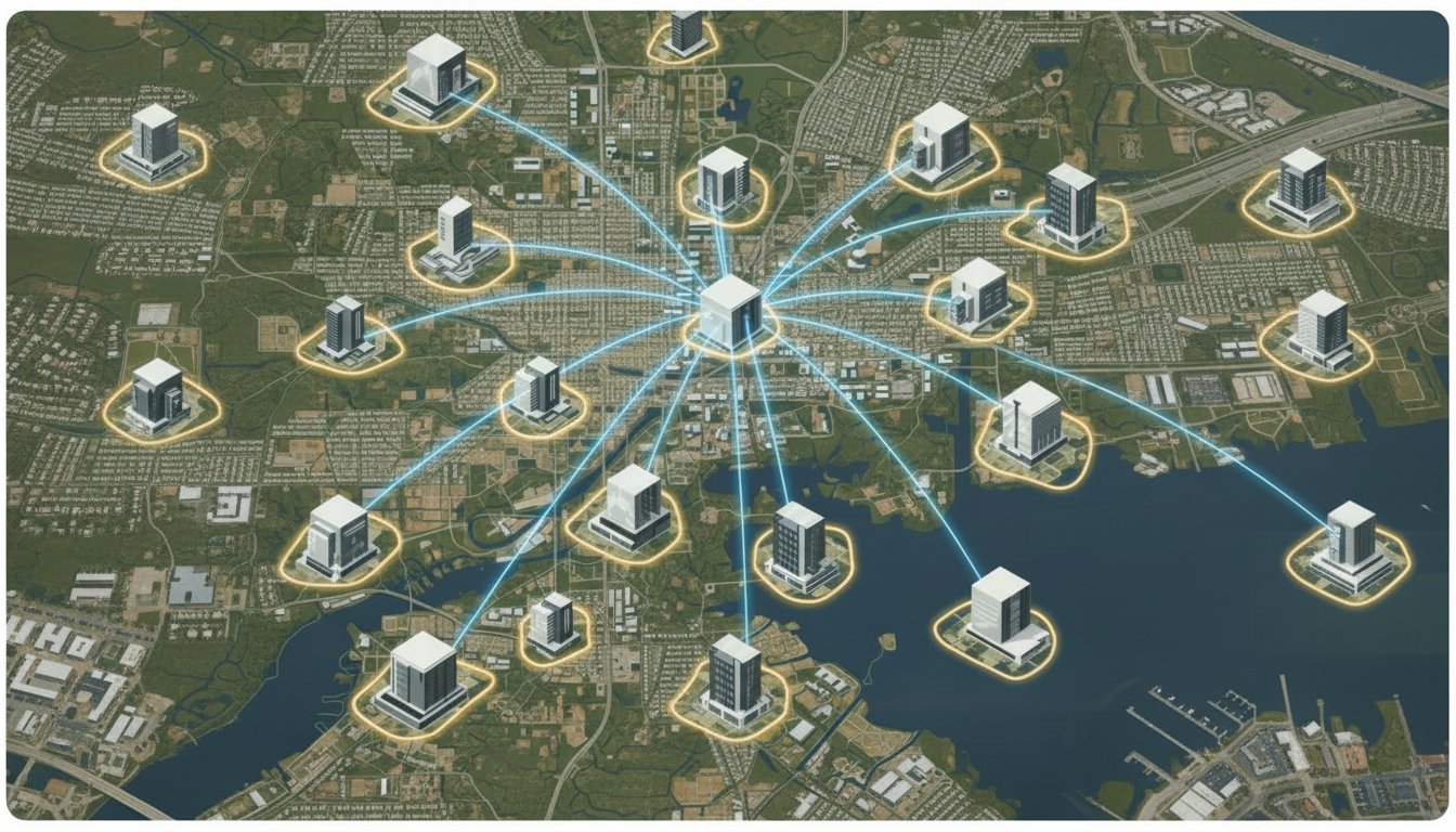 Overhead map showing networked data center sites