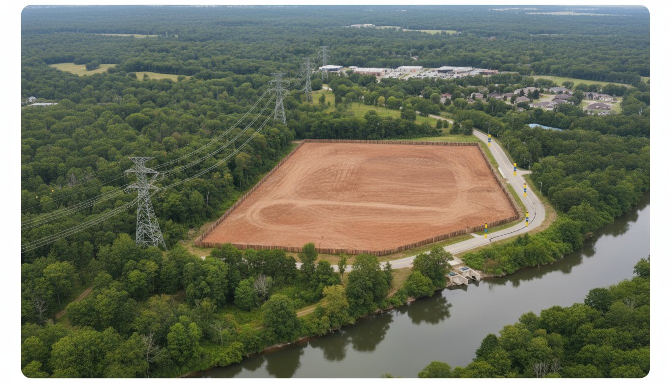 Aerial view of site with power line infrastructure